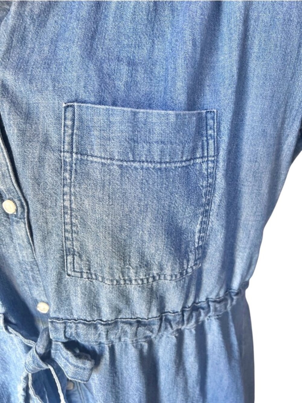 Old Navy Maternity Dress Blue Denim Button Down Tie Waist Short Sleeves Lt. Wt. - Picture 5 of 12